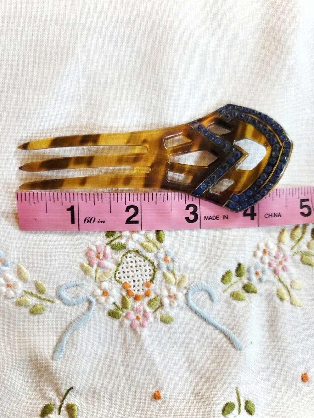 Vintage French Art Deco Celluloid Tortoise Blue Rhibestone Hair Comb